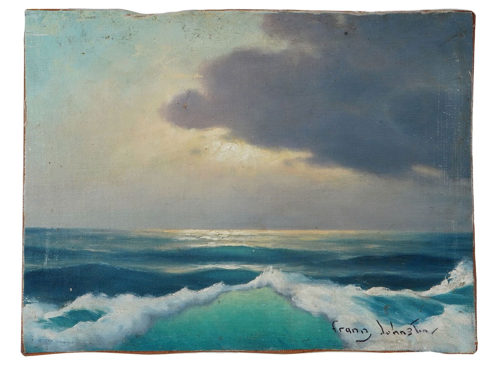 SEASCAPE OIL PAINTING SIGNED FRANZ JOHNSTON: An oil painting on board, signed Franz Johnston, Canadian, 1888 to 1949, depicting a seascape. Signed lower right. Franz Johnston, 1888 to 1949, a Canadian landscape artist, member of the Group of Sev