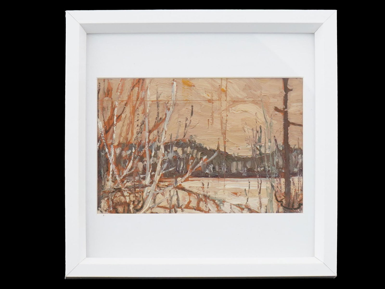 TOM THOMSON CANADIAN LANDSCAPE OIL PAINTING: Thomas John Thomson, Canadian, 1877 to 1917, oil on board painting depicting a winter landscape. Unsigned. Ca. 1910s. Framed. Lock Art Gallery label on the backside. Tom Thomson is known for his arche