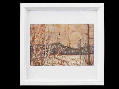TOM THOMSON CANADIAN LANDSCAPE OIL PAINTING: Thomas John Thomson, Canadian, 1877 to 1917, oil on board painting depicting a winter landscape. Unsigned. Ca. 1910s. Framed. Lock Art Gallery label on the backside. Tom Thomson is known for his arche