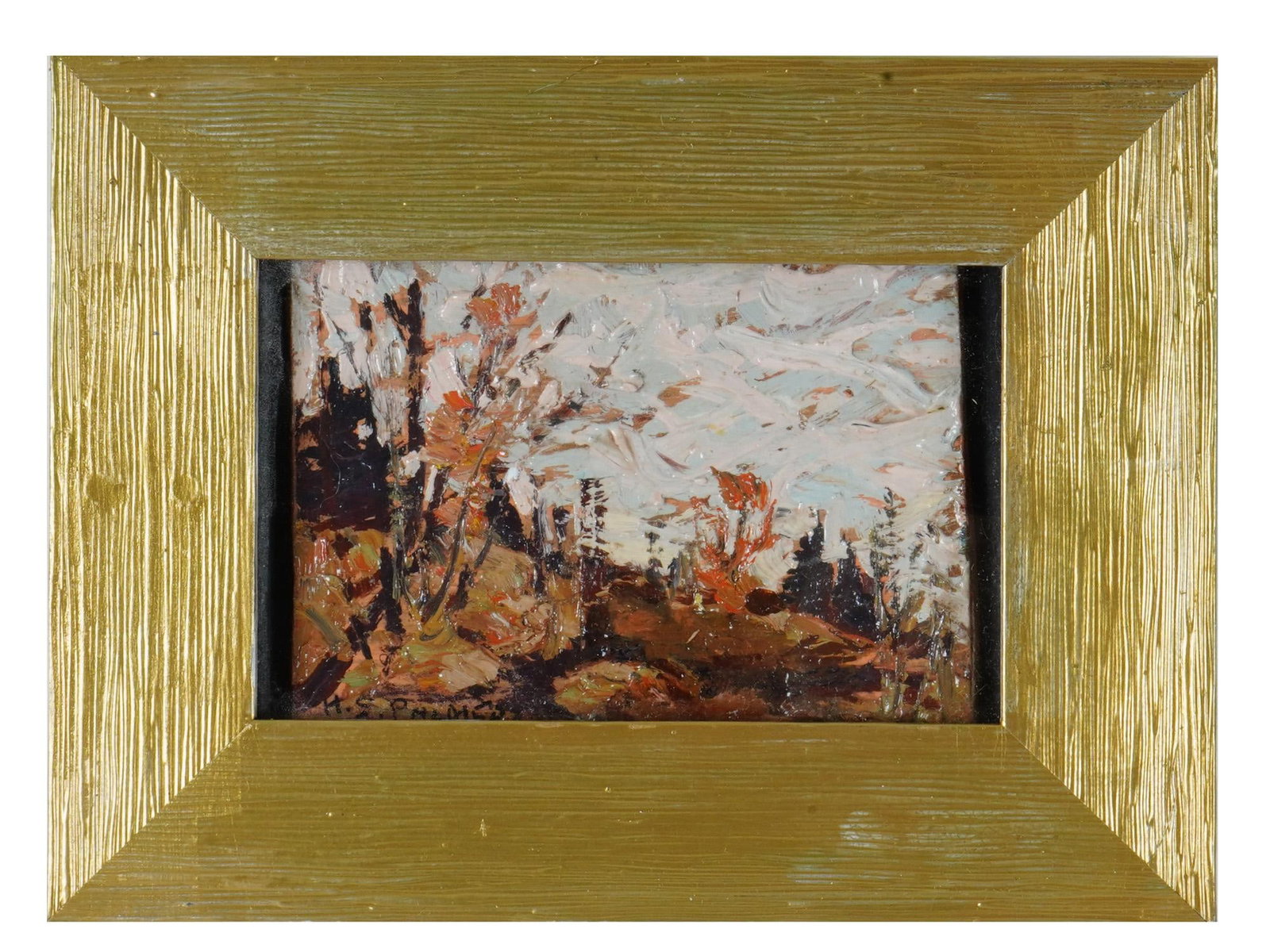 HERBERT SIDNEY PALMER CANADIAN LANDSCAPE OIL PAINTING: Herbert Sidney Palmer, Canadian, 1881 to 1970, oil painting on board depicting an Algonquin Park landscape. Signed lower left. Framed. Additionally inscribed, titled, and stamped The Estate of Herbert