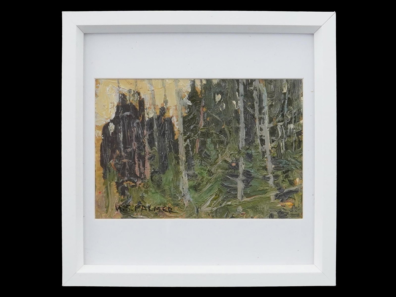 HERBERT SIDNEY PALMER CANADIAN LANDSCAPE OIL PAINTING: Herbert Sidney Palmer, Canadian, 1881 to 1970, oil on board painting depicting an Algonquin Park landscape. Signed in the lower left and on the backside. Undated. Framed. Stamped The Estate of Herbert