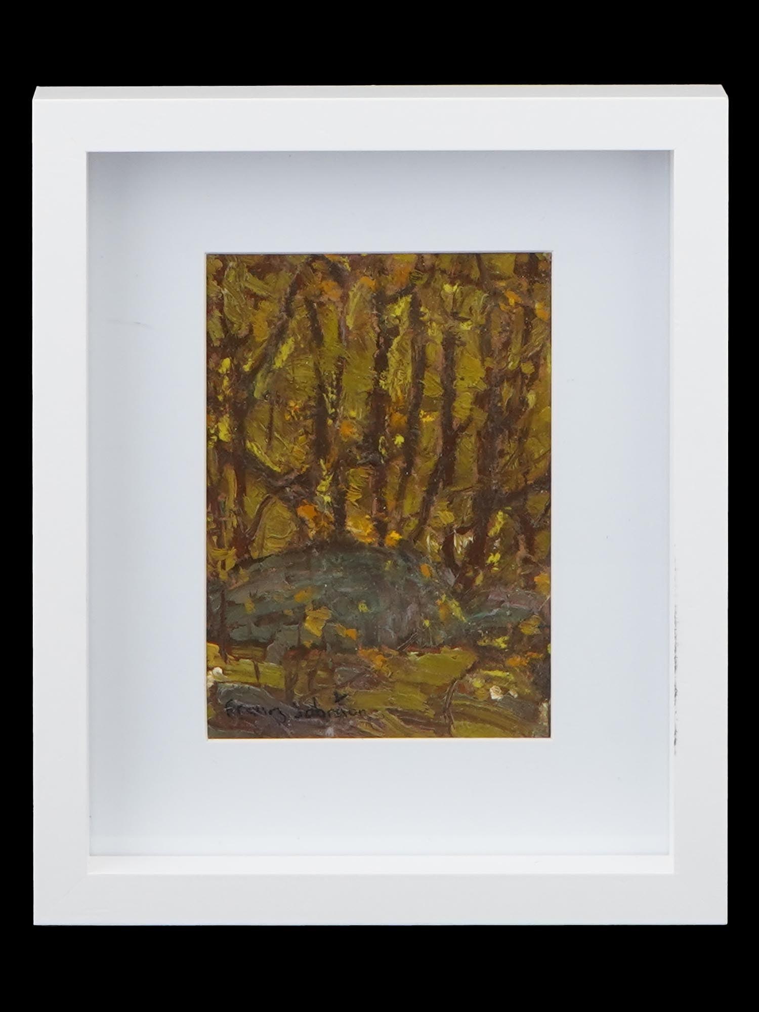 FRANZ JOHNSTON CANADIAN LANDSCAPE OIL PAINTING: Frank Johnston, Canadian, 1888 to 1949, oil on board painting depicting a forest landscape. Titled Battlement Lake of Woods. Signed in the lower left. Undated. Framed. Lock Art Gallery label on the ba