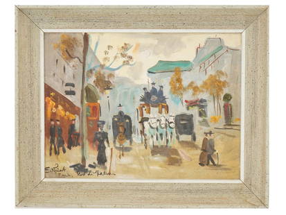 VINTAGE MID CENT PARISIAN STREET SCENE OIL PAINTING: A vintage mid century oil on canvas on board Parisian street scene painting. The painting, painted in Impressionist manner with bold brushstrokes, depicts an autumn day on a Parisian boulevard. Illegi