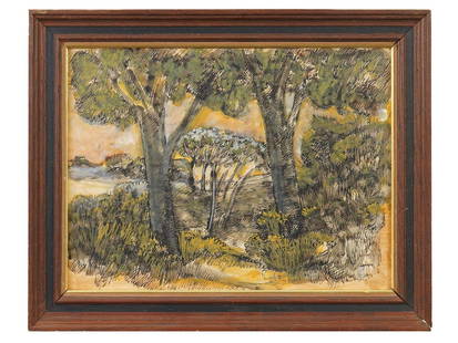 WILLIAM LYBERIS AMERICAN LANDSCAPE MIXED MEDIA PAINTING: William Lyberis, American, born 1931, a mixed media painting of a forest grove. Watercolor, ink, and whitewash on paper. Signed by the artist in the lower right and on the backside. Dated 1970. Dedica