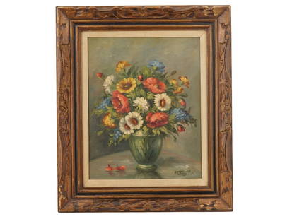 VINTAGE FLORAL STILL LIFE OIL PAINTING SIGNED: Oil on canvas painting. Still life with a wildflower bouquet in a vase. Signed in the lower right. Ca. mid to late 20th century. Framed. Collectible Fine Art And Wall Decor. THIS LOT QUALIFIES