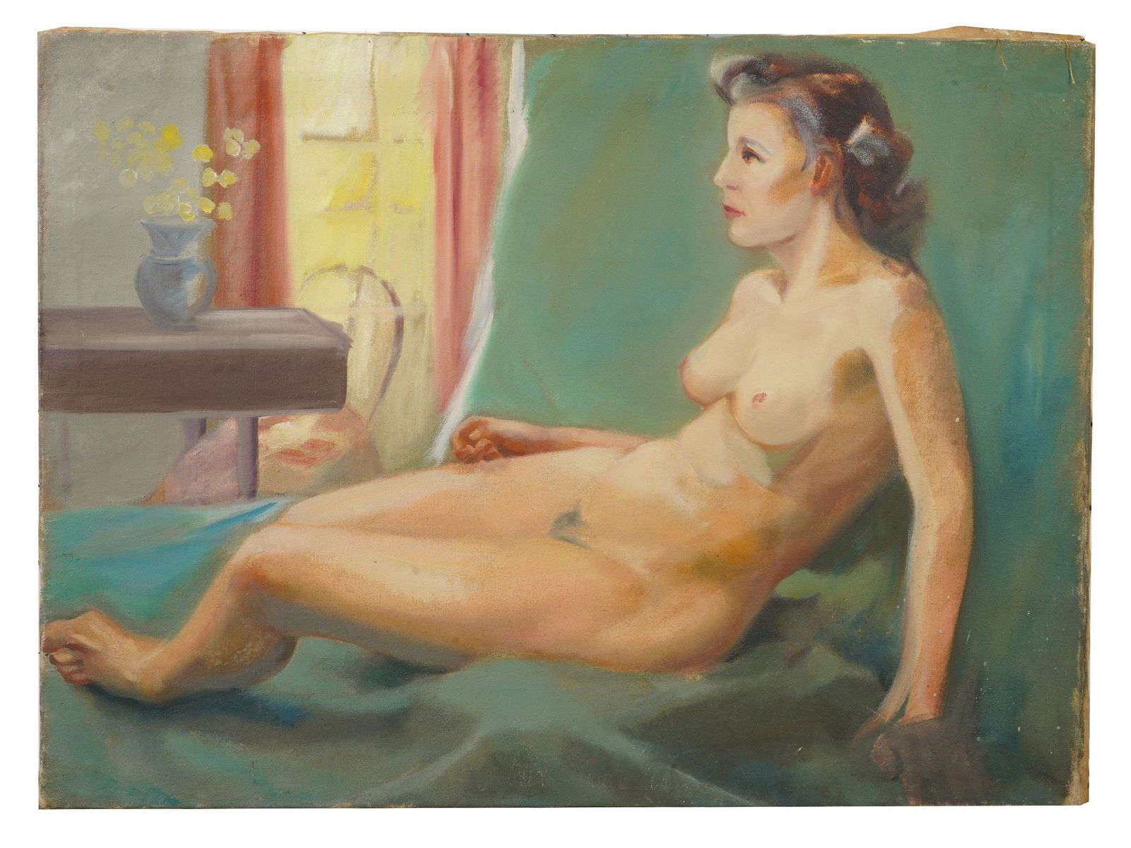 AMERICAN DOUBLE SIDED PAINTING BY JOHN E HUSZER: A vintage American double-sided painting by John E. Huszer, 1912 to 1983. Circa mid 20th century, 1940s. On one side of the painting is a portrait of a nude, reclining woman, and on the other side is