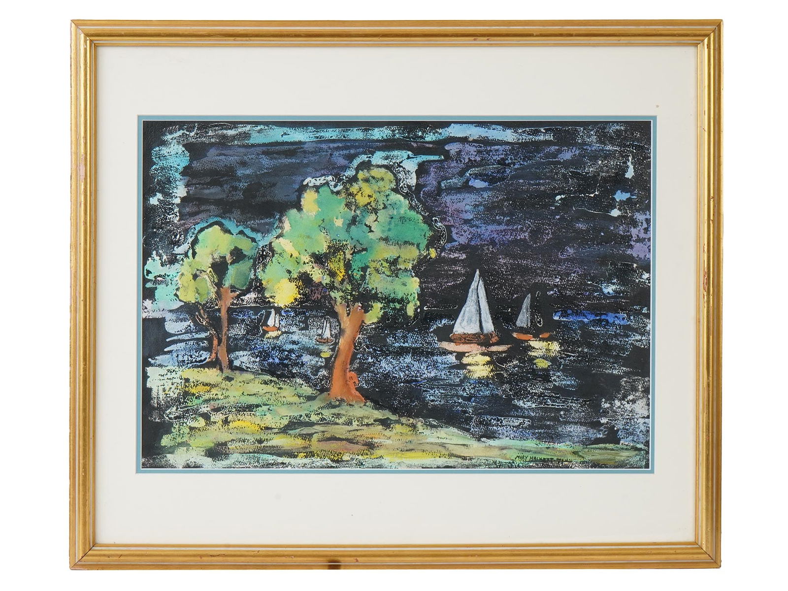 AMERICAN MIXED MEDIA PAINTING SIGNED MARY HACKETT: An American School mixed media painting on paper depicting a coastal view with ships. Signed, Mary Hackett and dated 71, lower right. Framed. Mary Moffett Hackett, American, 1906 to 1989, is known for
