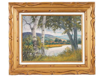 VINTAGE AMERICAN LUIGI LUCIONI SCHOOL OIL PAINTING: A vintage American Luigi Lucioni school oil on canvas on board landscape painting. The painting depicts a well-detailed summer landscape overlooking a river. Unsigned. Housed in a carved gilt wood fra