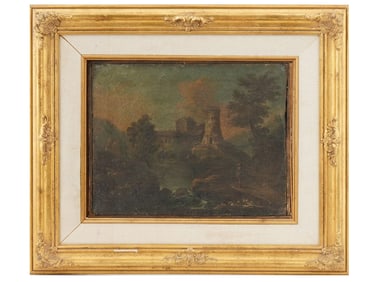 ANTIQUE OIL PAINTING EUROPEAN CASTLE LANDSCAPE SCENE