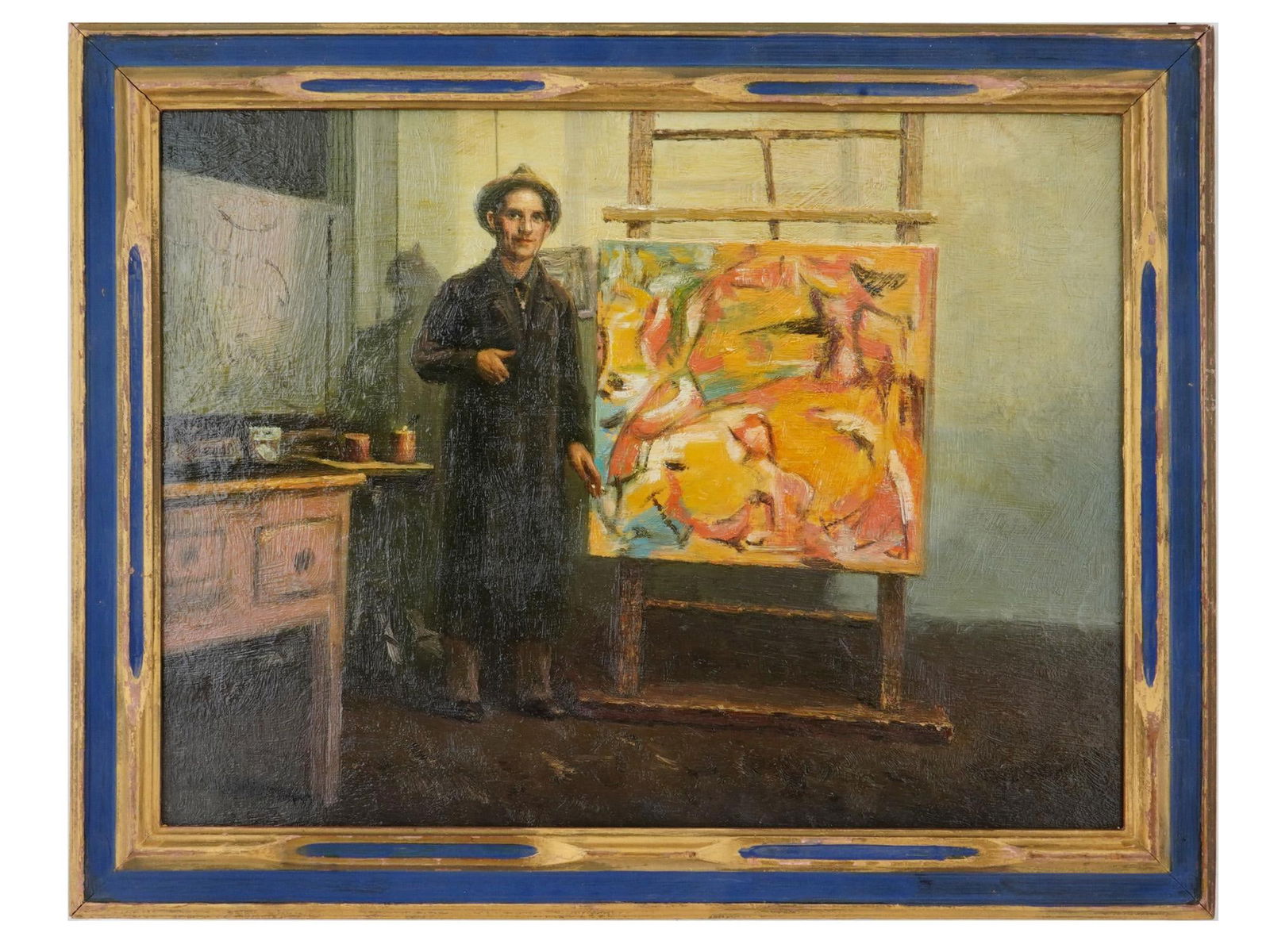 AMERICAN OIL PAINTING PORTRAIT OF WILLEM DE KOONING: A vintage American oil on board painting, depicting a portrait of Willem de Kooning, American, Dutch, German artist, 1904 to 1997. The painting depicts the artist in his studio, standing with a cigare