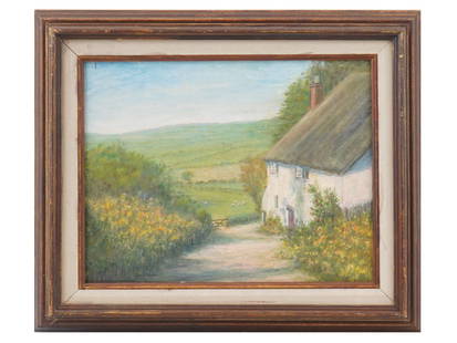 ENGLISH LANDSCAPE OIL PAINTING ON BOARD: An English landscape oil painting on a board. The painting depicts a white farmhouse surrounded by greenery and blooming flowers. A green hills are visible under a light blue sky. The painting is encl