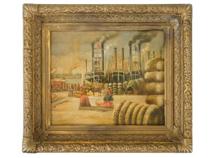 AMERICAN WILLIAM AIKEN WALKER SCHOOL OIL PAINTING: An antique American William Aiken Walker school oil on board painting. Circa early 20th century. The painting depicts a genre scene with human figures, goods, and ship funnels in a port. Unsigned. Fra