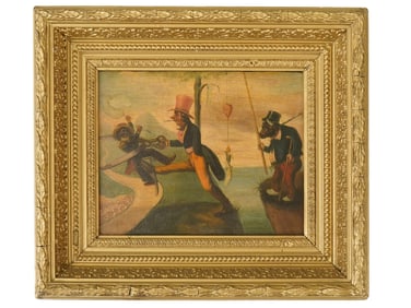 ANTIQUE AMERICAN POLITICAL CARTOON OIL PAINTING