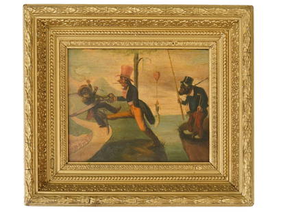 ANTIQUE AMERICAN POLITICAL CARTOON OIL PAINTING: An antique American Uncle Sams Taylorifics political cartoon oil on board painting. Circa mid 19th century. The painting, titled Uncle Sams Taylorifics, depicts a Civil War themed caricature of Uncle