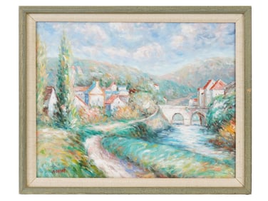 FRENCH TOWN LANDSCAPE OIL PAINTING SIGNED CHAVET