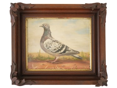 ANTIQUE OIL ON WOOD BOARD RACING PIGEON PAINTING
