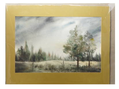VINTAGE AMERICAN WATERCOLOR PAINTING BY E WACHTEL: A vintage American watercolor on paper painting signed lower left, E. Wachtel, possibly for Elmer Wachtel, 1864 to 1929. The painting depicts an autumn forest landscape with trees and fields. Matted.