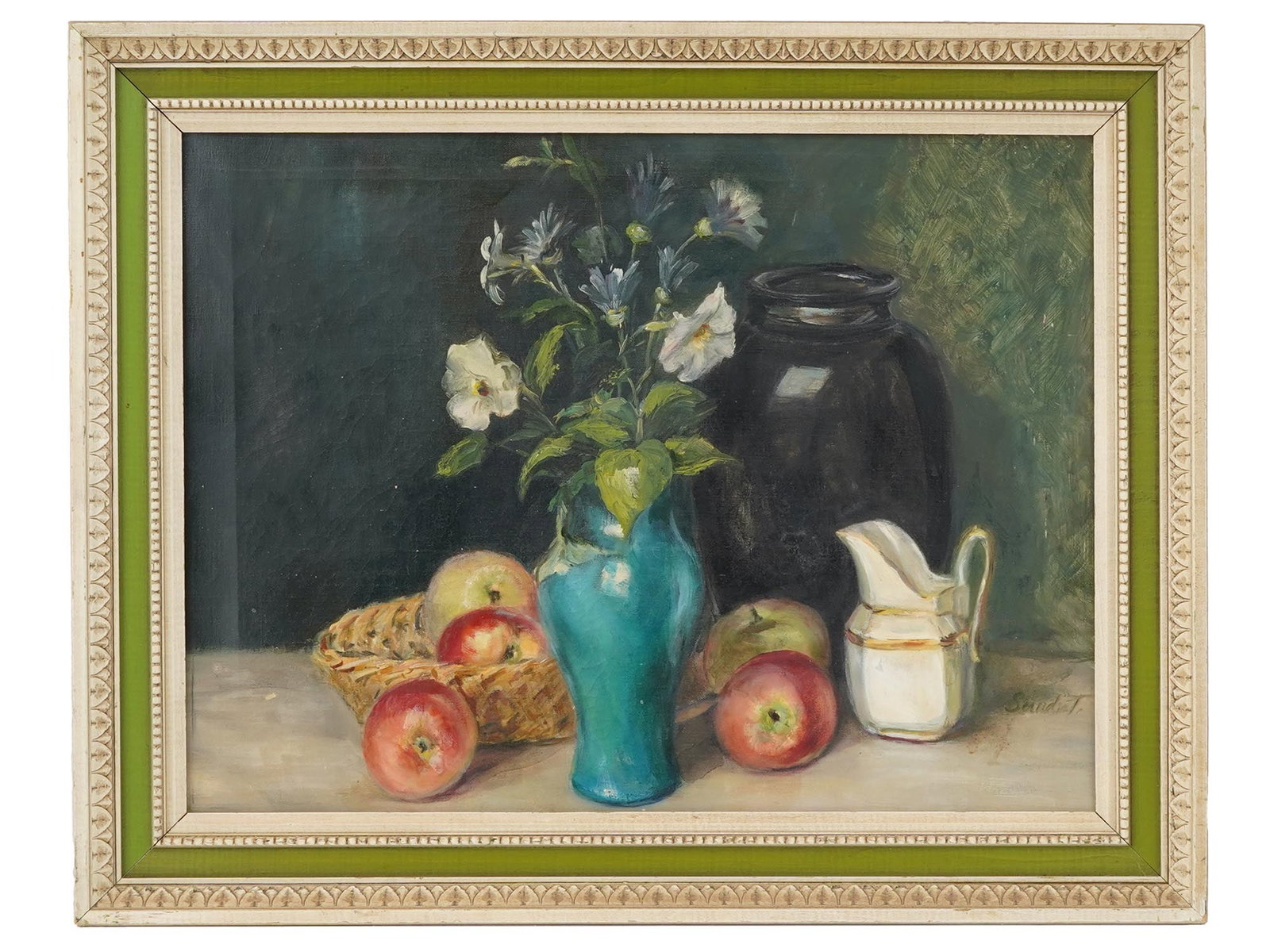 HUNGARIAN STILL LIFE OIL PAINTING SIGNED SANDOR T.: Oil on canvas painting. Hungarian, mid-20th century. The artwork depicts a classic still life composition with fruit, vases, flowers, and creamer. Signed by the artist in the lower right and on the ba