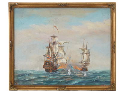 SEASCAPE BATTLE SCENE OIL PAINTING BY J HARVEY: An oil on canvas painting by J. Harvey, circa the late 19th or early 20th century. The painting depicts a naval battle scene involving a ship flying a European flag, presumably Spanish. Signed lower r