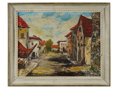 EUROPEAN LANDSCAPE OIL PAINTING SIGNED HOMER CASTELLO: Oil on canvas painting. European, mid-20th century. The artwork depicts a view of an old village. Signed in the lower left, Homer Castello. Framed. Collectible Fine Art And Wall Decor, Rural Landscape