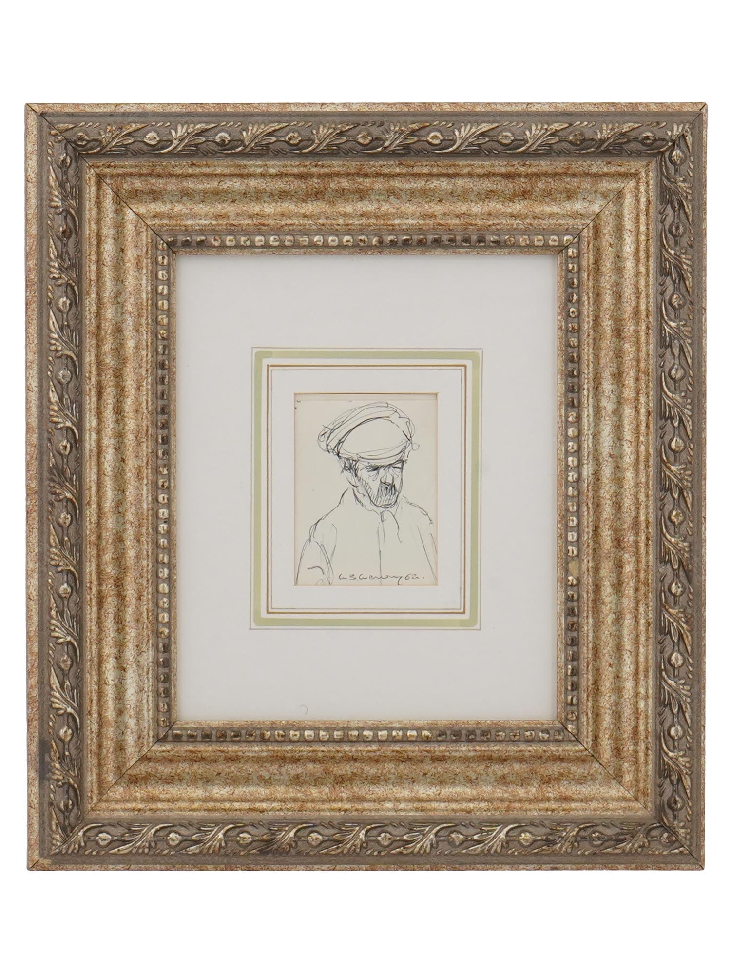 PORTRAIT PEN PAINTING SIGNED LAURENCE STEPHEN LOWRY: A pen painting on paper depicting a portrait of a man. Signed, L. S. Lowry and dated 62, lower to the center. Framed. Laurence Stephen Lowry, English, 1887 to 1976, is known for Naive genre, figure, s