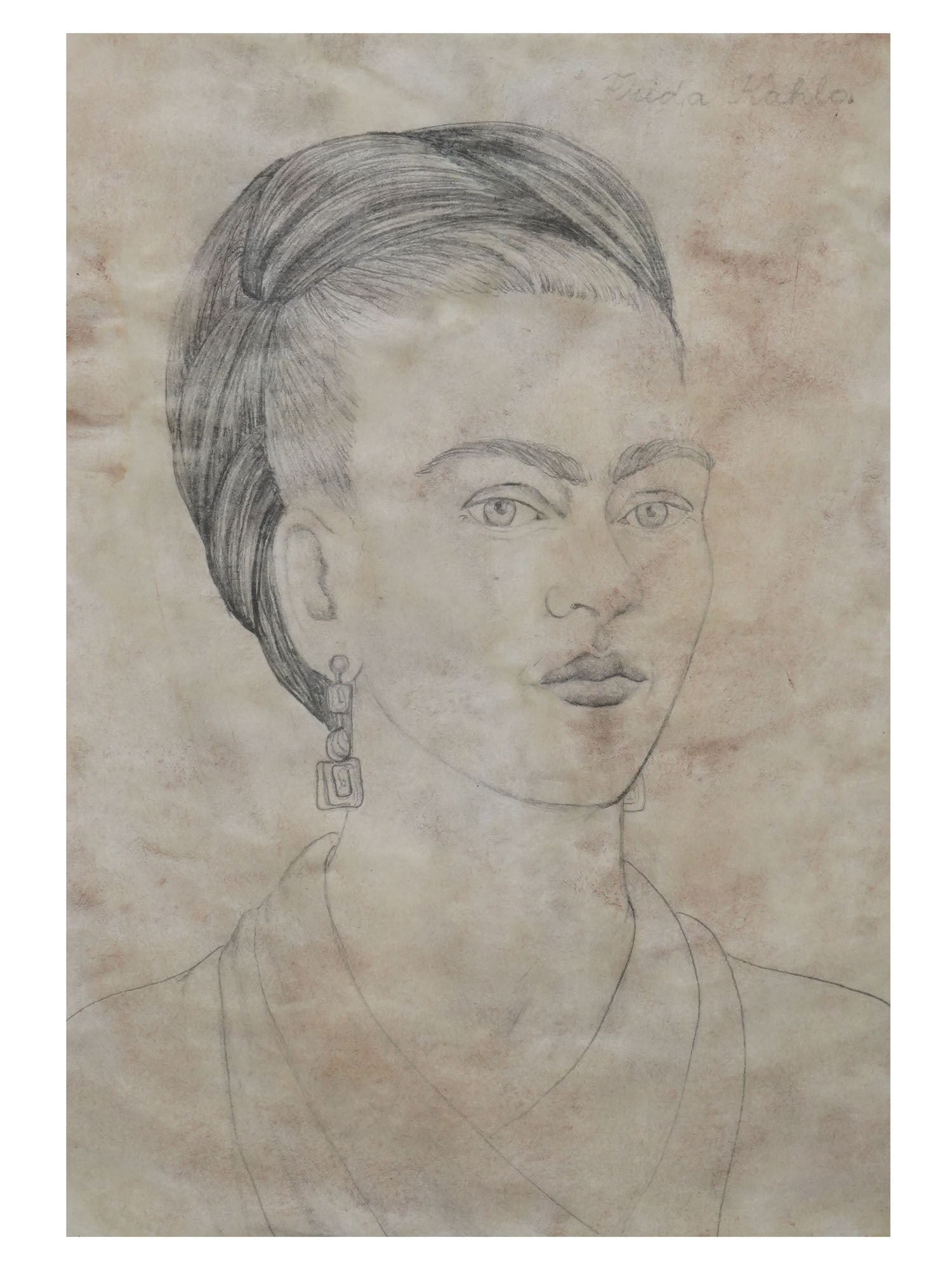 ATTR TO FRIDA KAHLO SELF PORTRAIT PENCIL PAINTING: Attributed to Frida Kahlo, American, Mexican, 1907 to 1954, pencil painting on paper, Self Portrait. Circa: 1935 to 1940. Signed upper right. Stamped with a gallery stamp, Julien Levy Gallery, New Yor