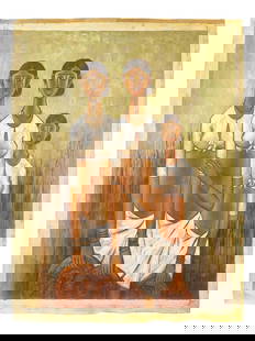 ATTR TO B. PRABHA INDIAN PORTRAIT PAINTING WITH COA: Oil on canvas painting. Attributed to B. Prabha, 1933 to 2001, a reknowned Indian painter best known for her graceful, elongated figures of pensive rural women. The artwork depicts a group of young wo
