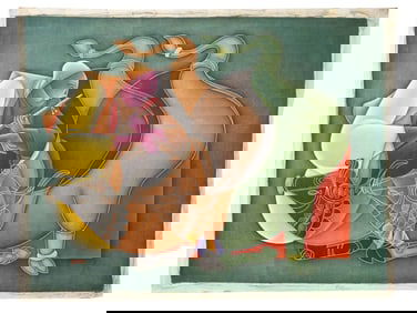 INDIAN MIXED MEDIA PAINTING SIGNED SATISH GUJRA CA 1999