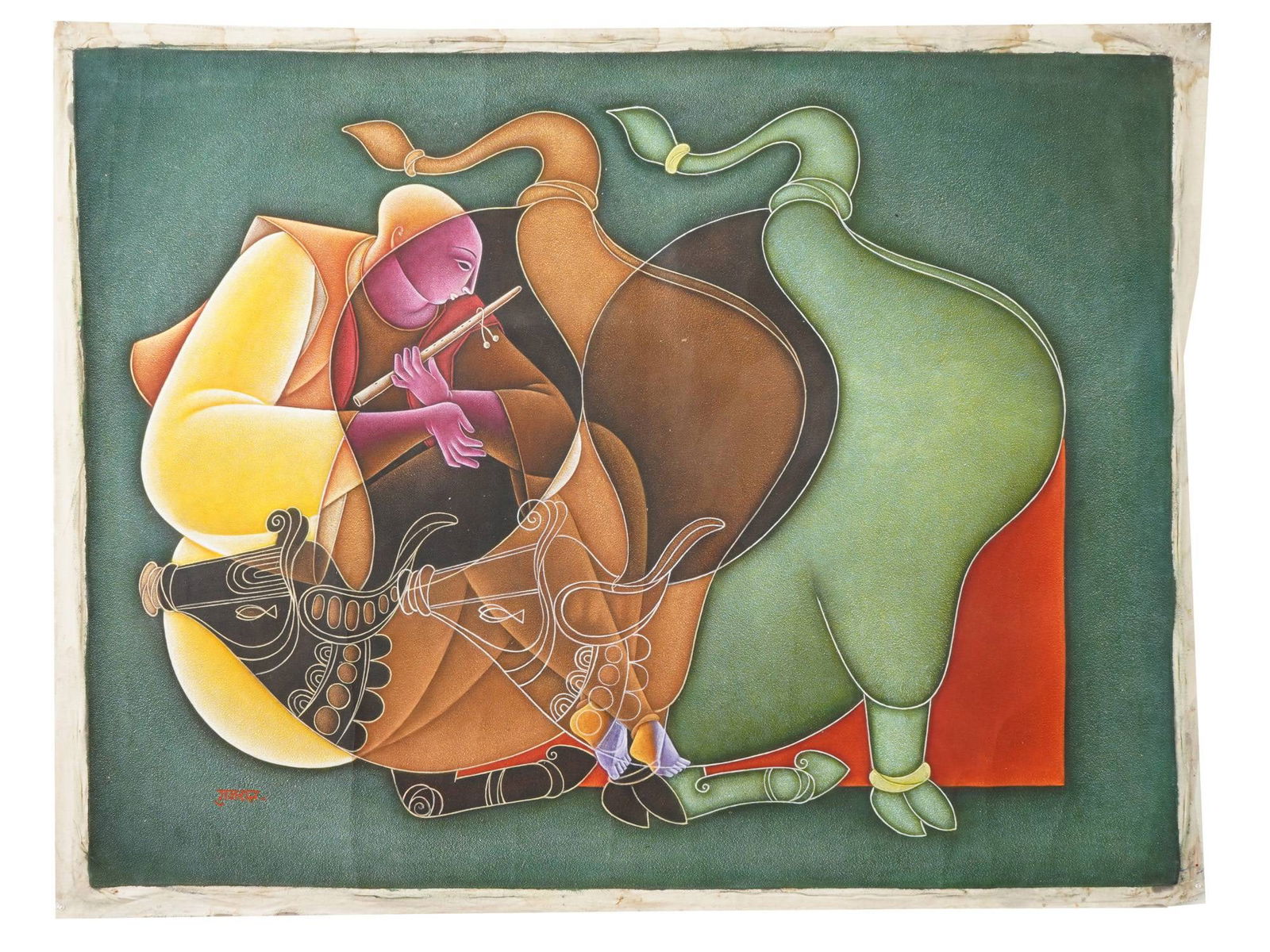 INDIAN MIXED MEDIA PAINTING SIGNED SATISH GUJRA CA 1999 (1 of 5)