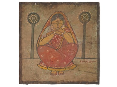 ATTR TO JAMINI ROY INDIAN FEMALE PORTRAIT PAINTING