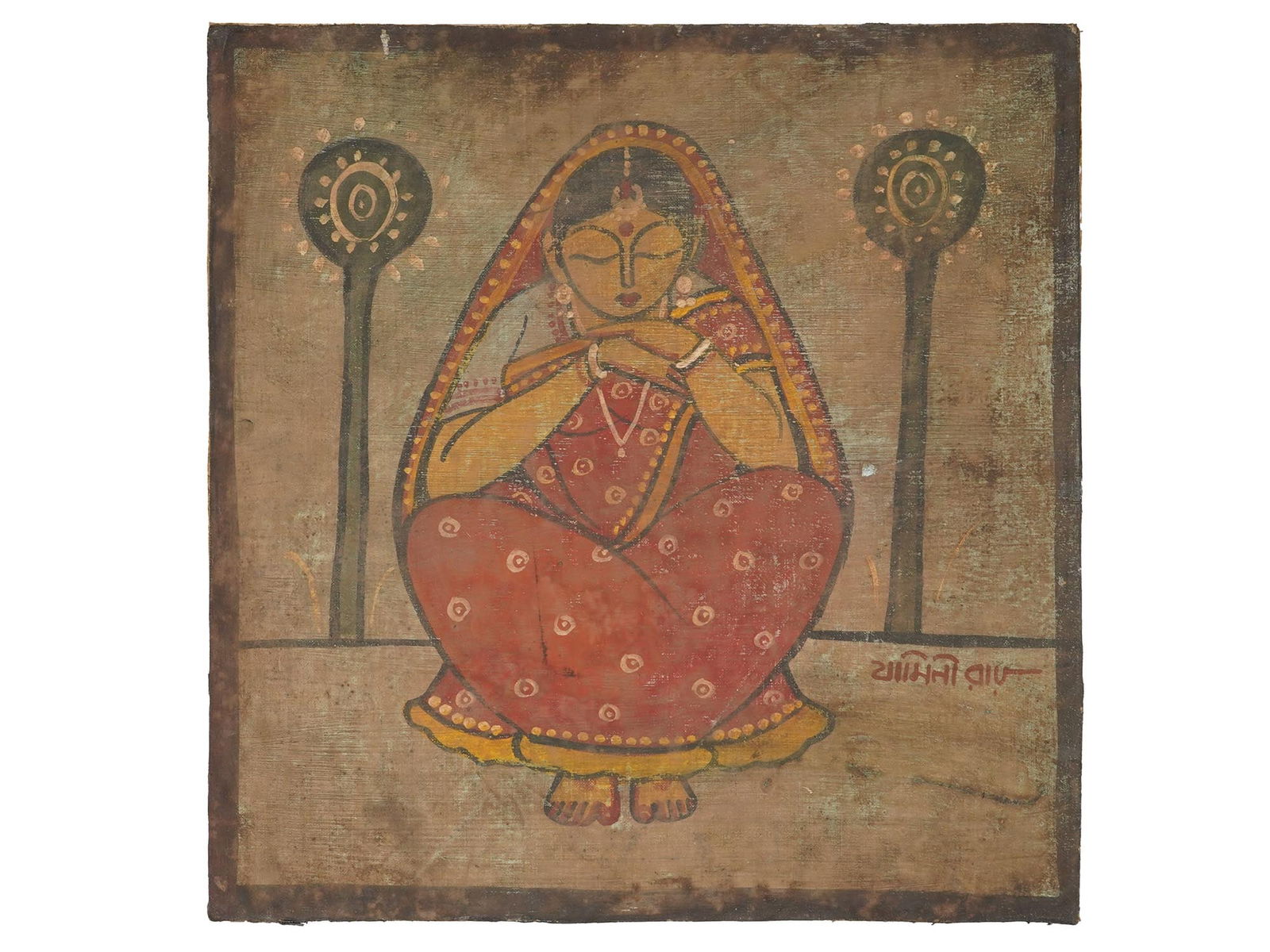ATTR TO JAMINI ROY INDIAN FEMALE PORTRAIT PAINTING (1 of 5)