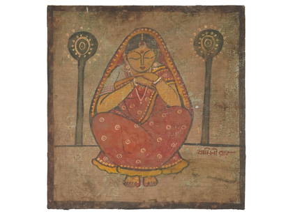 ATTR TO JAMINI ROY INDIAN FEMALE PORTRAIT PAINTING: Tempera on textile painting mounted to board. Attributed to Jamini Roy, 1887 to 1972, an Indian artist, one of the most famous pupils of Abanindranath Tagore. The artwork depicts a portrait of a seate