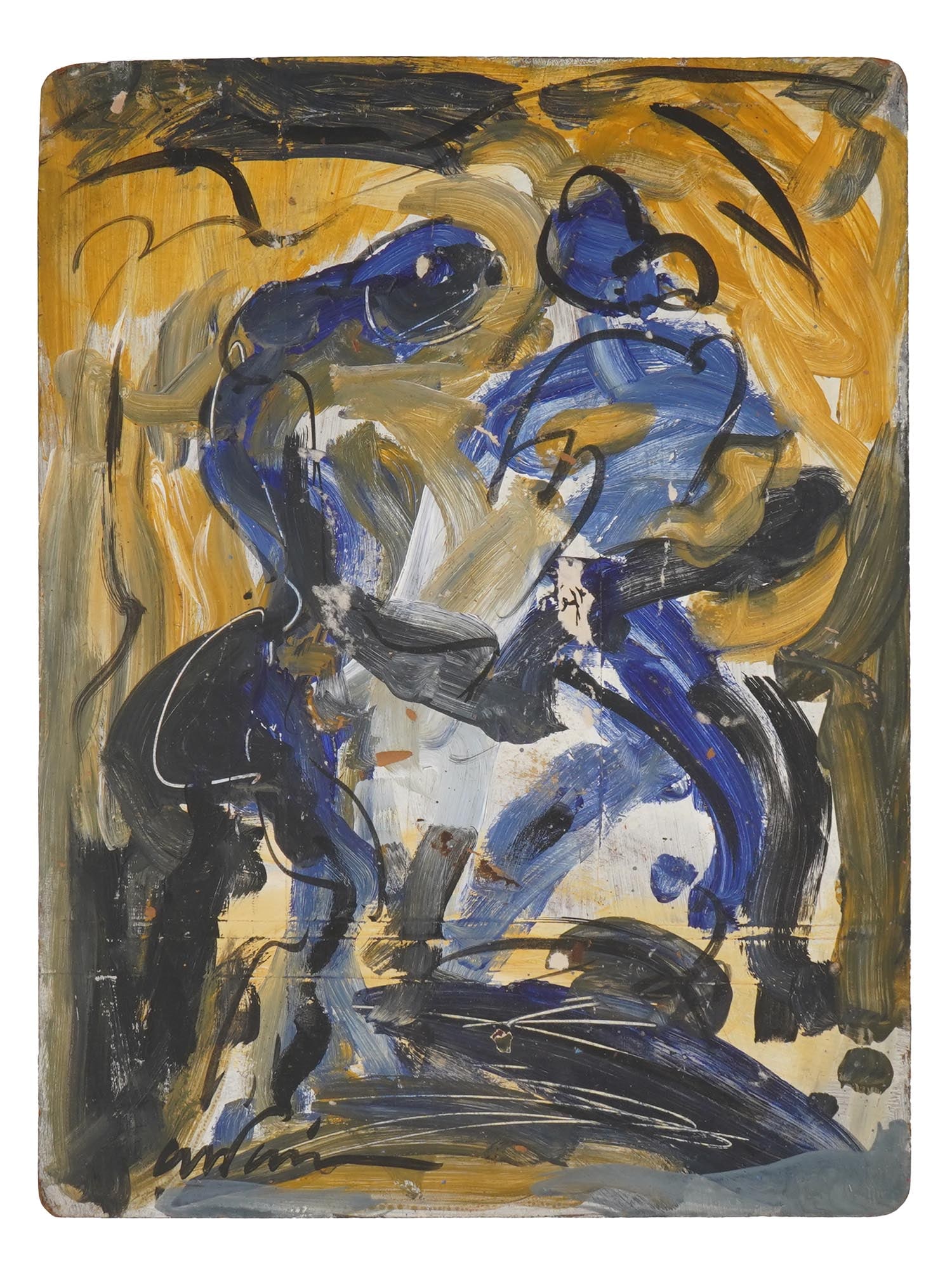 ATTR TO RAMKINKAR BAIJ INDIAN ABSTRACT OIL PAINTING: Oil on board painting. Attributed to Ramkinkar Baij, 1910 to 1980, an Indian artist, a key figure of Contextual Modernism. His works in the Kalighat tradition interconnected with Cubism to achieve a p