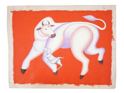 ATTRIBUTED TO MANJIT BAWA INDIAN OIL PAINTING W COA: Attributed to Manjit Bawa, Indian, 1941 to 2008, oil painting on canvas, Cows and Dogs, 1989. Signed and dated, on the backside. Completed with an original certificate of authenticity, signed by Manji