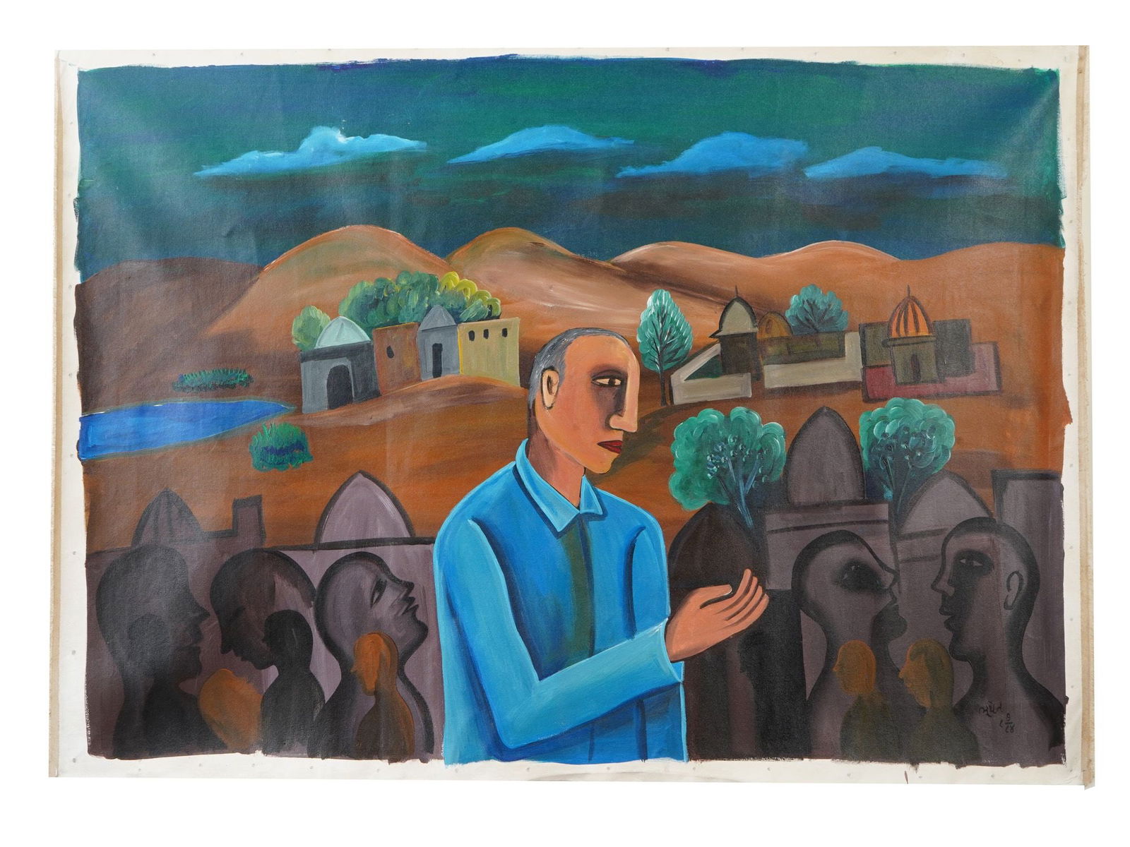 SIGNED BHUPEN KHAKHAR INDIAN OIL ON CANVAS PAINTING: An oil on canvas painting depicting a composition with a central male figure in a blue shirt, grey figures, and a rural landscape in the background. Signed and probably dated, lower right. Unframed. B