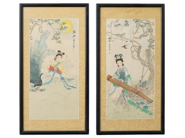 PAIR OF ANTIQUE CHINESE WATERCOLOR PAINTINGS ON SILK