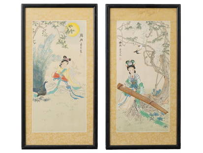 PAIR OF ANTIQUE CHINESE WATERCOLOR PAINTINGS ON SILK: A pair of antique Chinese watercolor paintings on silk depicting a scenes with ladies playing traditional musical instruments in a garden landscape with birds and peacocks. Each is inscribed with call