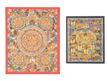 TWO BUDDHIST NEPALESE THANGKA PAINTINGS ON FABRIC