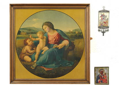 VINTAGE ST. GEORGE TAPESTRY BLACK MADONNA ALBA MADONNA: A religious lot including a selection of vintage devotional items, featuring a St. George and the Dragon icon crucifix wall tapestry, a vintage icon of Our Lady of Czestochowa, Black Madonna, in the R