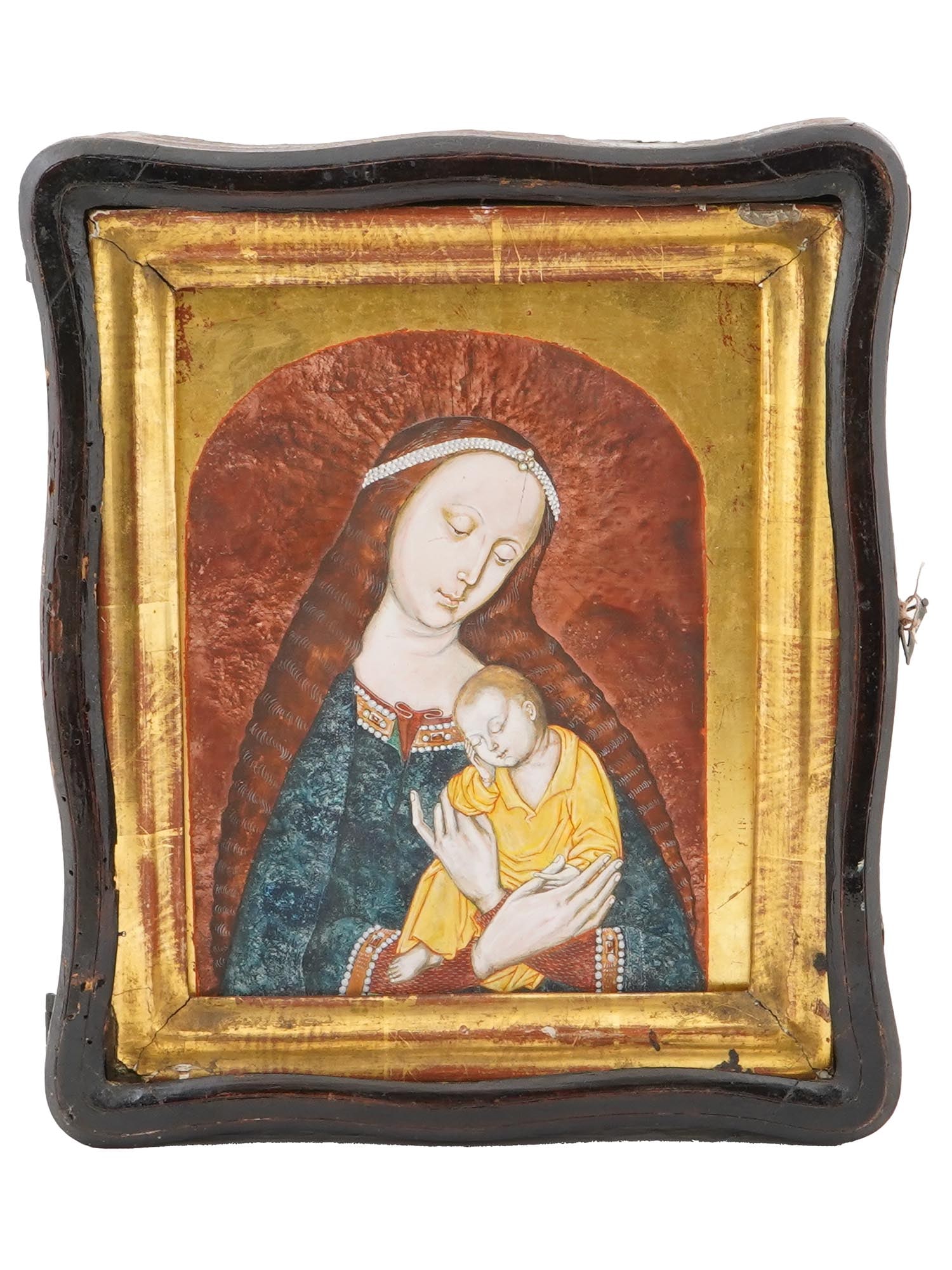 ANTIQUE FRENCH ICON PAINTING VIRGIN OF DIJON IN KIOT: An antique French icon painting. Tempera on board. Ca. 18th to 19th century. After the icon of Virgin with the Sleeping Child by the Master of the Madonna of Dijon, late 15th century. The icon is encl