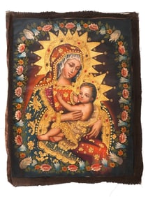 ANTIQUE LATIN AMERICAN ICON PAINTING NURSING MADONNA