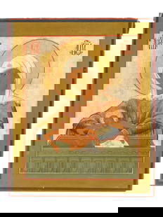 ANTIQUE RUSSIAN ICON PAINTING DONT WEEP FOR ME MOTHER: An antique 19th-century Russian Orthodox icon titled Dont Weep For Me Mother. Mixed media painting: egg tempera, gesso, and levkas on a wood board. This iconographic composition represents Christ in t