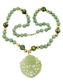 CHINESE JADE 14K GOLD CLOISONNE ENAMEL BEAD NECKLACE