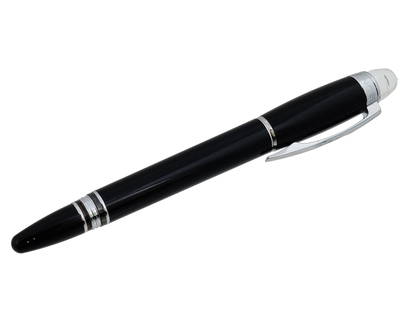 MONTBLANC STARWALKER BALLPOINT PEN WITH CAP: A vintage ballpoint pen by Montblanc. Starwalker collection. Black resin body with silver-ton fittings. The cap is surmounted by the dome white star emblem. Collectible Luxury Writing Instruments And