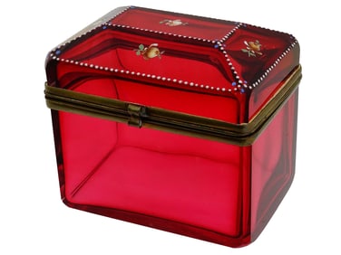 RUBY GLASS BOX WITH HAND ENAMEL FLORAL PATTERN
