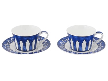 HERMES PARIS BLEUS DAILLEURS COFFEE CUPS WITH SAUCERS