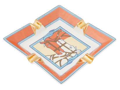 FRENCH HERMES PORCELAIN ASHTRAY QUADRIGE HORSE PRINT: A French Hermes Paris porcelain ashtray featuring the Quadrige horse print, designed by Pierre Peron in 1973. Marked on the bottom. French Porcelain Tobacciana Accessories And Collectibles. THI
