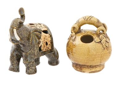 VIETNAMESE CERAMIC LIME POT AND ELEPHANT FIGURINE