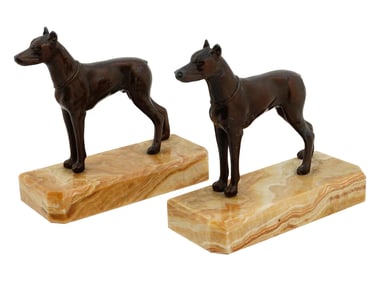 PAIR OF FIGURAL DOBERMAN DOG PATINATED BRONZE BOOK ENDS