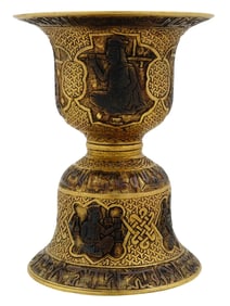 QAJAR ARABIC CALLIGRAPHY BRONZE VASE W SILVER INLAY